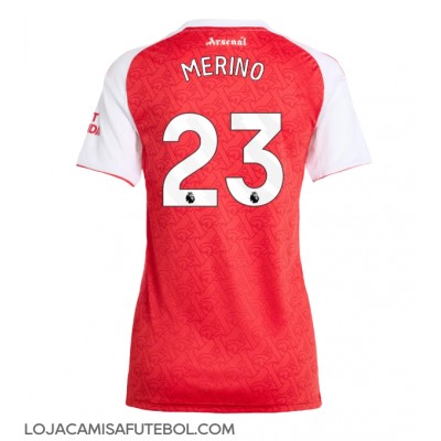 Camisa de Futebol Arsenal Mikel Merino #23 Equipamento Principal Mulheres 2025-26 Manga Curta Camisa de Futebol Arsenal Mikel Merino #23 Equipamento Principal Mulheres 2025-26 Manga Curta